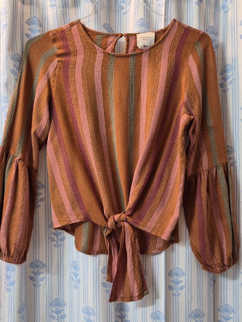 Harper Boho Brown Multi stripe Pleated sleeve tie Blouse Sz M